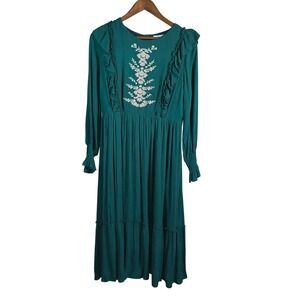 In Loom Womens Forest Green Embroidered Floral Ruffle Tiered Midi Dress Large